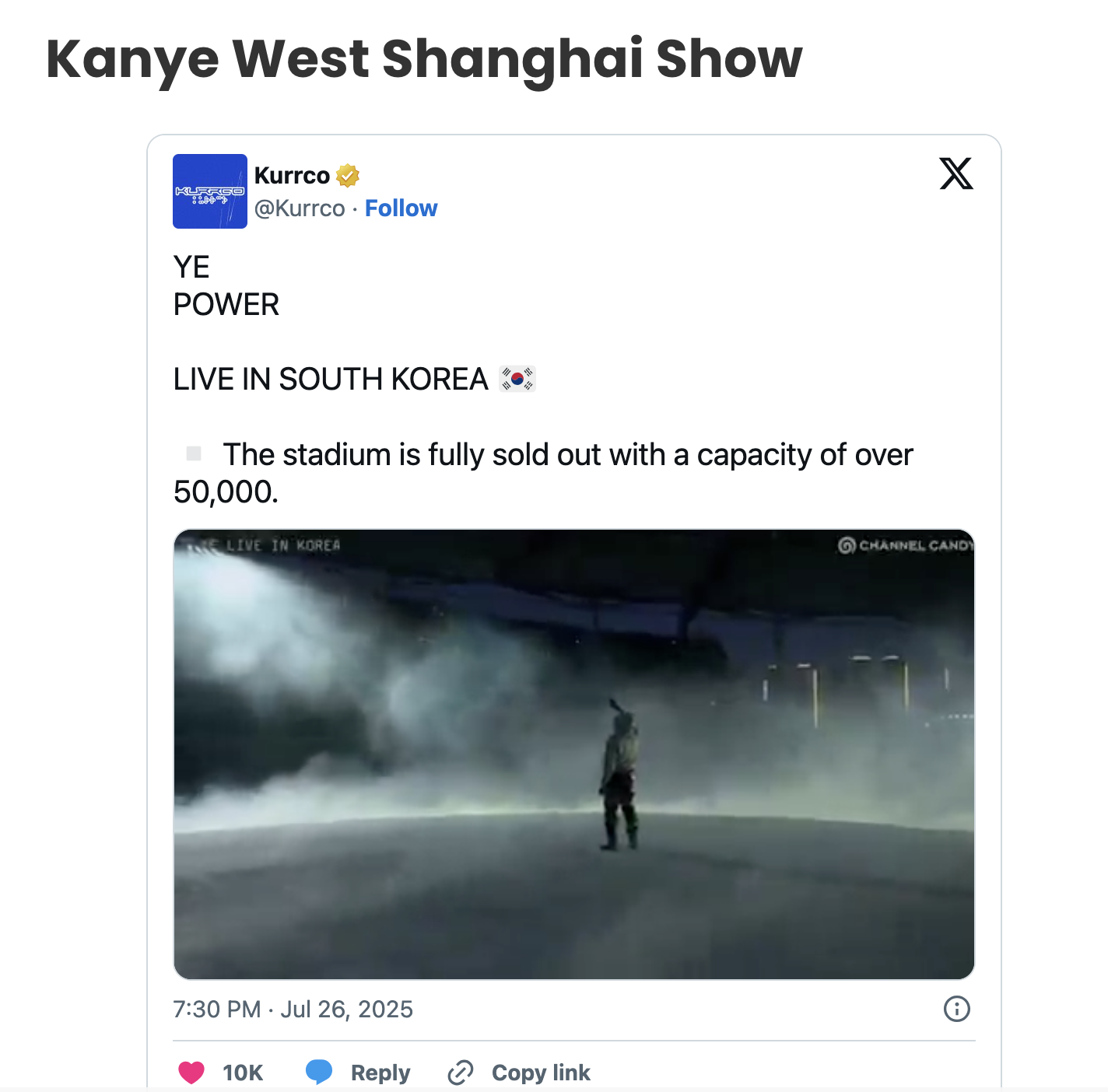Kanye in South Korea and China 2025 with 50,000 crowd